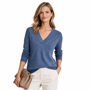 Talbots Petite V Neck Merino Wool Light Sweater Blue M Preppy Capsule Luxe Chic